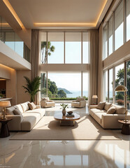 Fototapeta premium A modern and spacious living room with large windows overlooking a scenic outdoor landscape