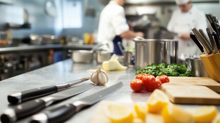 A bustling culinary school kitchen with chef's knives and cooking utensils, Fresh ingredients laid out for a cooking class, Gourmet cuisine style