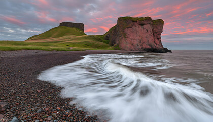 Dramatic coastal landscape at sunset, featuring a rocky shoreline, crashing waves, and cliffs.  Pink hues in the sky add to the scene's beauty.