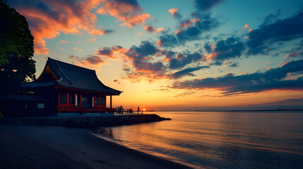 Beautiful Japanese temple at tranquil sunset with reflection on calm water : Generative AI