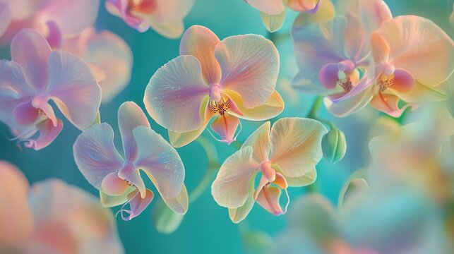 Pastel pink and peach orchids against a teal background.