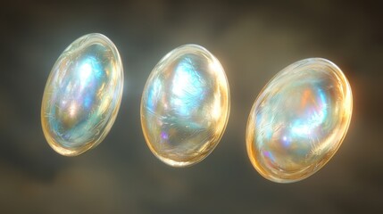 Three iridescent orbs levitate against a dark background.
