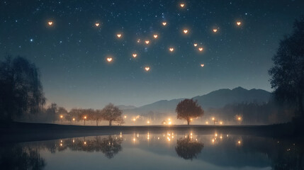 Magical night sky filled with heart shaped constellations above serene landscape