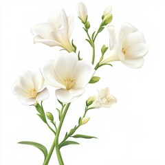 Fototapeta premium Elegant cluster of white freesia flowers with green stems and buds, isolated on white background.