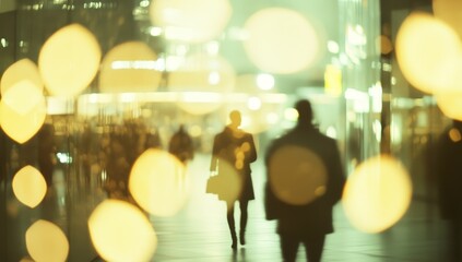 Fototapeta premium Blurred silhouettes of people walking in a city at night with bokeh lights.