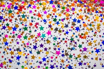 Colorful star confetti scattered on white background