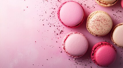Fototapeta premium Pastel macarons on a pink surface