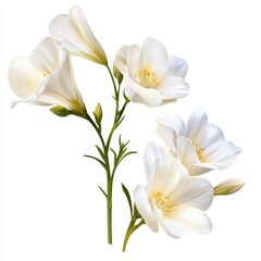 Fototapeta premium Close-up of elegant, cream-colored flowers with green stems, isolated on white background.