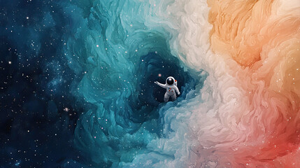Fototapeta premium Astronaut exploring cosmic vortex with vibrant swirling colors and stars