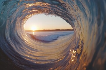Sunrise through a barrel wave, ocean, water, sunlight.