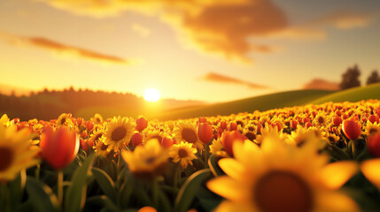 Fototapeta premium Sunflowers and tulips flower fields at sunset