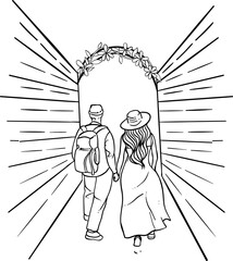 Two people in the rain sharing a moment, sketch-style illustration of a couple, showcasing love and family