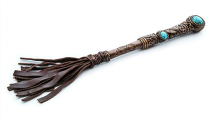 Ornate wooden riding crop with turquoise stones and leather thong.