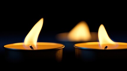 Three burning tea light candles in the dark.