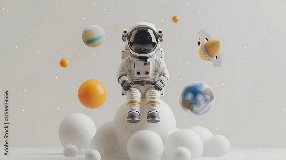 Wall mural a 3d rendering of an astronaut floating in space, with the stars and planets in the background, on w