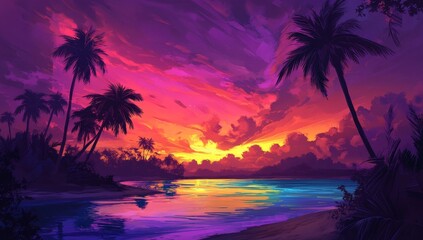 Vibrant sunset over tropical beach with palm trees, colorful sky and calm water.