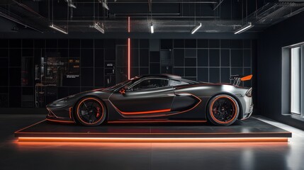 Obraz premium Sleek Dark Grey Sports Car Showcased in Modern Garage