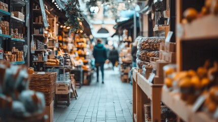 Naklejka premium Busy market aisle with fresh produce and shoppers