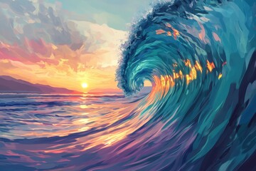 Vibrant sunset over a large ocean wave.
