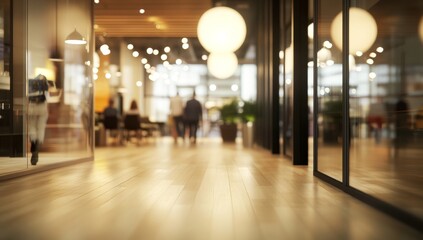 Fototapeta premium Modern office hallway with blurred people.