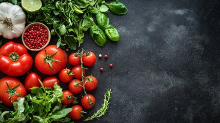 Fresh vegetables and herbs on a dark textured surface