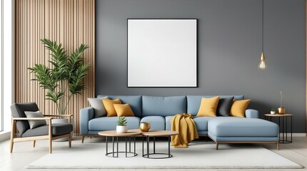 Modern Living Room Interior Design with Blue Sectional Sofa, Wooden Wall, and Blank Canvas Mockup