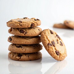 the stacked of chocolate chips cookies on white background