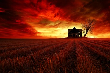 Fototapeta premium A dramatic sunset over a desolate house in a field.