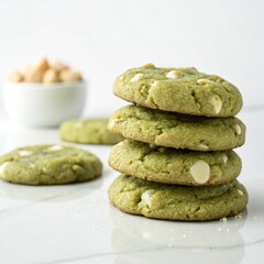 the stacked of matcha cookies on white background