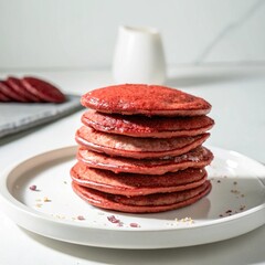 the stacked of red velvet pancakes