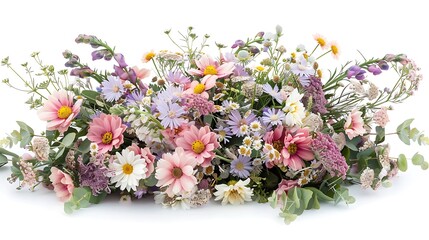 A bouquet of mixed wildflowers in soft pastel shades, arranged neatly on a white background
