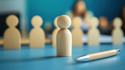 Wooden figurine icon on a table with blue paper and a pen, representing human resources or a team of employees in a business concept background