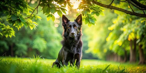 Black Dog Sitting and Looking at Camera with Tree in Background - Captivating Landscape Photography of Nature and Pets