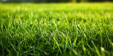 Close up of vibrant green grass blades in sunlight representing nature freshness and tranquility : Generative AI