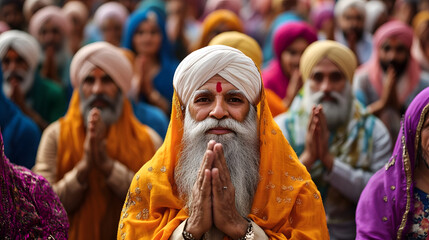 Naklejka premium Vibrant Sikh Community in Colorful Traditional Attire Praying Together Outdoors : Generative AI