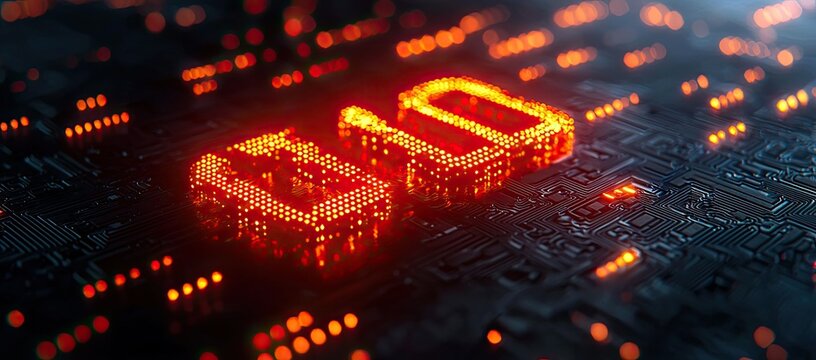 A close-up view of a circuit board with glowing digital elements representing technology.