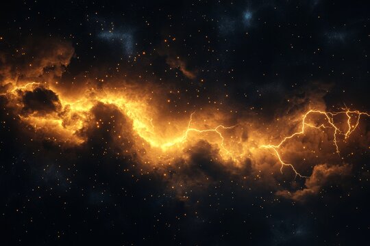 Fiery cosmic lightning streaks across a dark nebula, filled with stars and gas. - Powered by Adobe