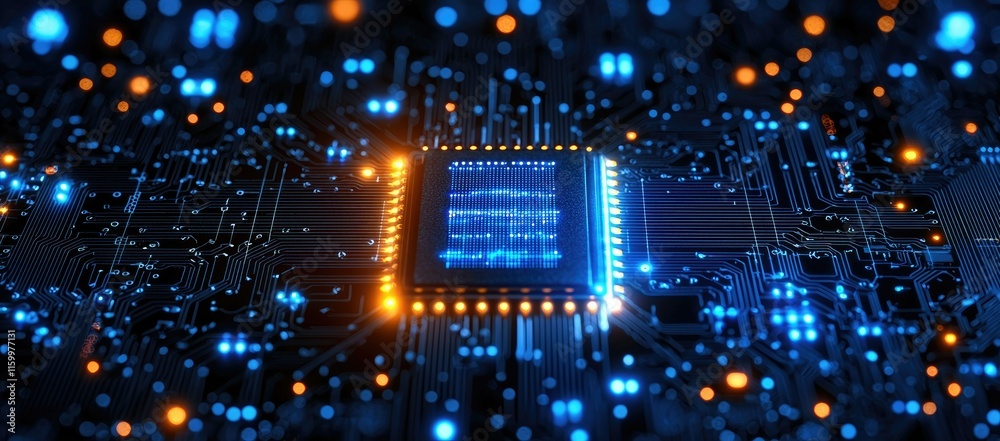 Poster a close-up view of a microchip on a circuit board with glowing lights.