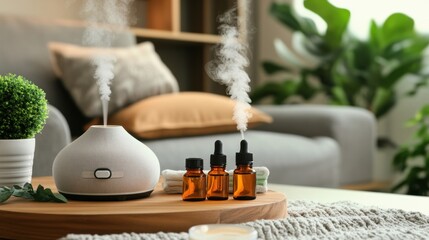 A cozy aroma therapy studio with essential oils and diffusers, Aromatherapy tools and calming scents neatly arranged, Relaxation sanctuary style