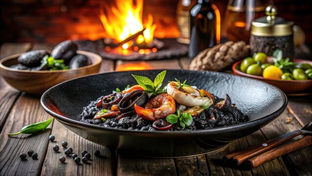 Candid Photography of Risotto al Nero di Seppia - Exquisite Black Squid Ink Risotto Served in a Cozy Italian Restaurant with Fresh Ingredients and Rustic Decor