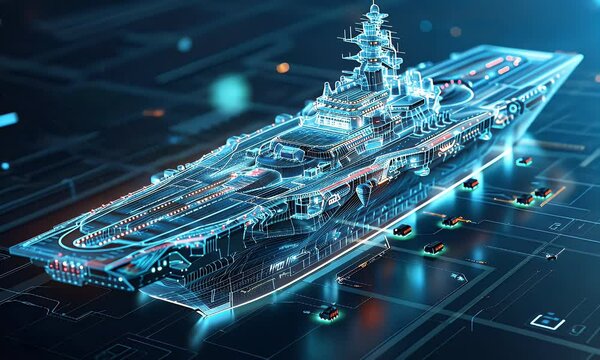 A futuristic digital representation of a battleship, showcasing advanced technology and design.