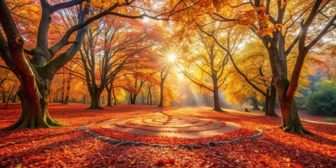 Golden Sunlight Illuminates Autumnal Park Pathway with a Spiral Design in Fallen Leaves