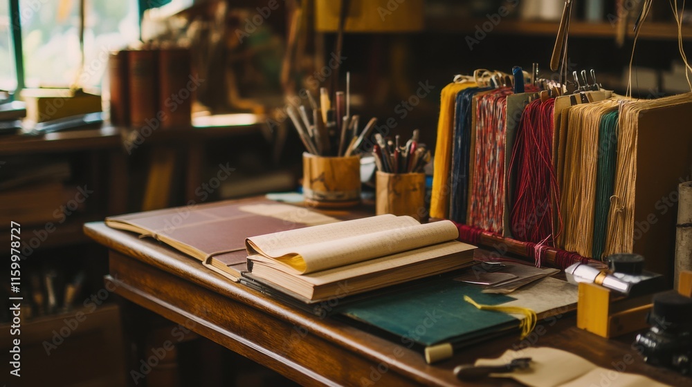 Aufkleber A cozy bookbinding workshop with bookbinding tools and colorful threads, Bookbinding tools and artisanal book covers neatly organized, Literary artisan style