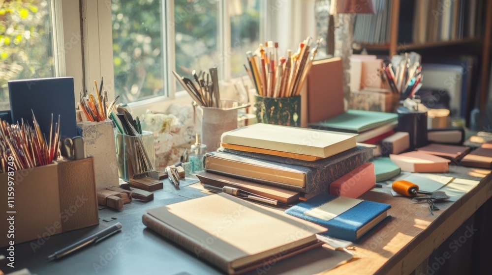 Poster A cozy bookbinding workshop with bookbinding tools and colorful threads, Bookbinding tools and artisanal book covers neatly organized, Literary artisan style