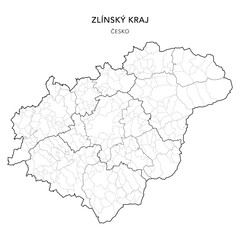 Political Map of the Zlín Region (Zlínský kraj) with Districts (Okres), AD MEC (SO ORP), AD CLA (SO POU) and Municipalities (Obcí) as of 2024 - Czechia/Czech Republic (Česko) - Vector Map