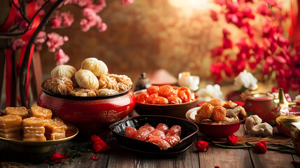 Traditional Chinese Festive Feast with Assortment of Dumplings and Sweet Treats in Red Ambiance : Generative AI
