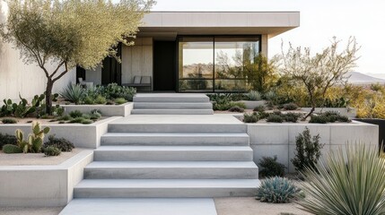 Fototapeta premium Concrete staircase with integrated desert planters, minimalist landscaping, serene desert horizon 