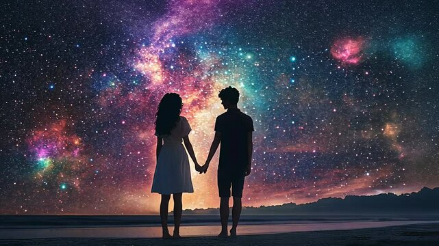 A young couple holding hands, standing on the beach under a sky filled with stars and colorful nebulae; The girl is wearing white dress, anime art style, lofi aesthetics,