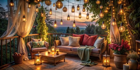Fototapeta premium Cozy Balcony Oasis with Lanterns, Candles, and Bohemian Sofas for Relaxation and Serenity