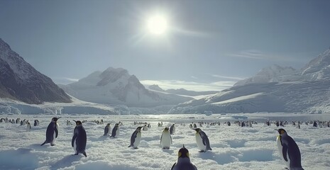 Penguins foraging in the icy landscape of wildlife photography bright daylight scenic view